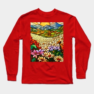 Stained Glass Colorful Mountain Meadow Long Sleeve T-Shirt